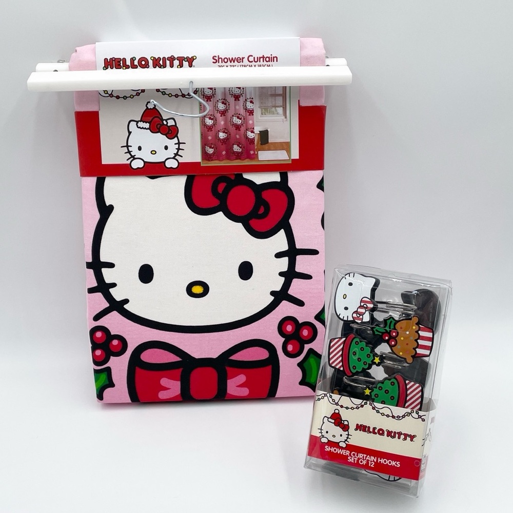 Hello Kitty Christmas Holiday Pink Shower Curtain and Shower Curtain Hooks